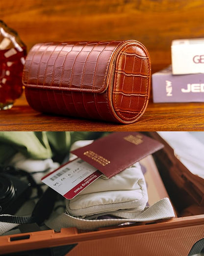 MR.OKAY 3 Watch Travel Case- Classic Leather Watch Case With Superb Texture.(Portable Watch Roll Or Organizer For Storage And Display).Festival Gift For Men, All Handcrafted By Artisans.