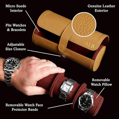 HomeWetBar Custom Leather Watch Roll for Travel, 3 Slot British Tan Watch Case with Velvety Interior, Personalized Initials Option