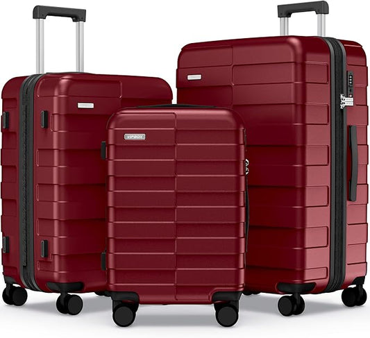 Luggage Sets 3 Piece (3-YEARS VIP SERVICE) Hardside Expandable Ultra Durable Polycarbonate Lightweight Carry On Travel Suitcase with TSA Lock Spinner Wheels, Wine Red