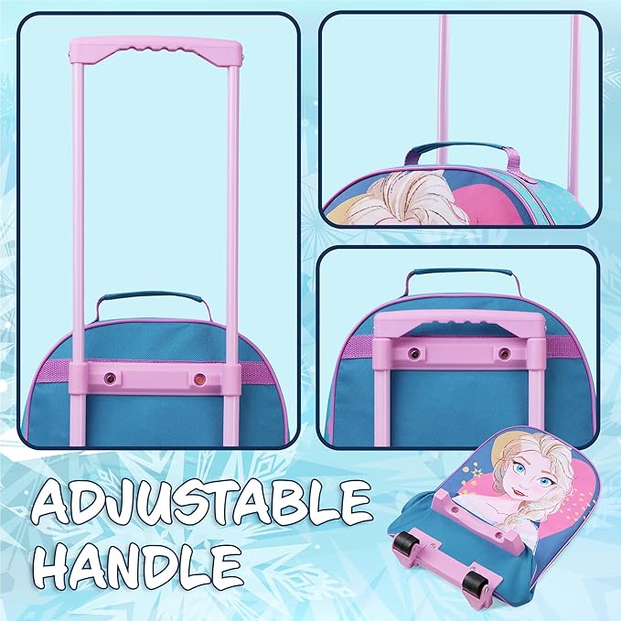 Disney Kids Rolling Luggage 16×11 in, 16‑L Carry‑On Suitcase with Wheels, Foldable Lightweight Travel Bag, Gifts for Kids (Blue Elsa)