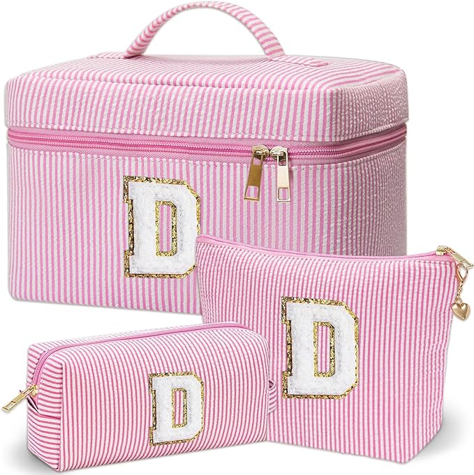 Personalized Monogram Makeup Bag, 3PCS Custom Monogrammed Toiletry Cosmetic Bag for 6-18 Teen Girls Women,Birthday Graduation Gifts Initial Pouch Makeup Bags for Women Girls, Make Up Bag (D, Pink)