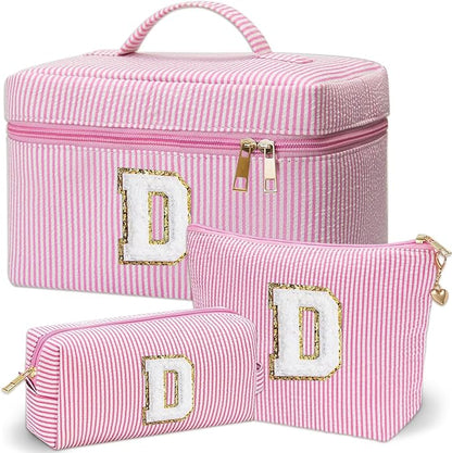 Personalized Monogram Makeup Bag, 3PCS Custom Monogrammed Toiletry Cosmetic Bag for 6-18 Teen Girls Women,Birthday Graduation Gifts Initial Pouch Makeup Bags for Women Girls, Make Up Bag (D, Pink)