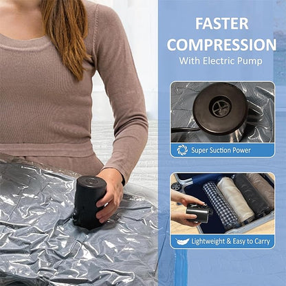 Vacuum Storage Bags with Electric Pump, 15 Large Space Saver Vacuum Seal Bags with Pump, Vacuum Sealer Compression for Clothes, Comforters, Blankets, Bedding