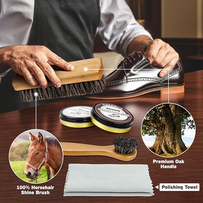 SelfTek Shoe Shine Kit - 15 PCS Shoe Polish Kit, Leather Boot Care Kit with Horsehair Brush and More with Portable Travel Case for Gentle Care Cleaning, Birthday Gifts for Men