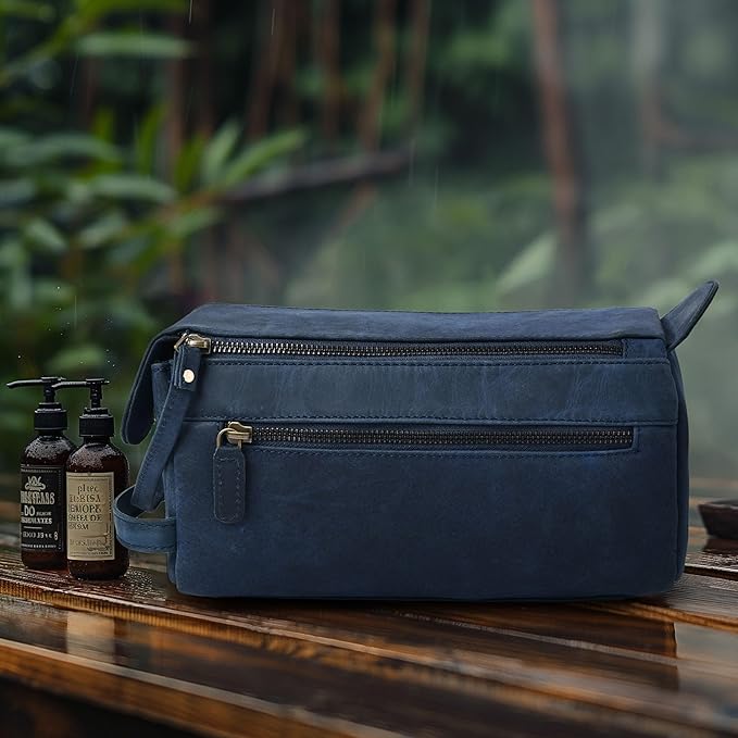 LEATHER VILLAGE Premium Leather Travel Toiletry Bag - Water-Resistant Dopp Kit for Toiletries, Large Shaving Bag & Bathroom Organizer - Gift for Men & Women - Royal Blue