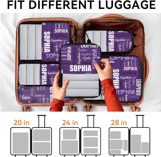 Personalized 6 Set Compression Packing Cubes for Travel Essentials with Name Customized Lightweight Carry on Expandable Luggage Organizer Bags for Women and Men, Purple