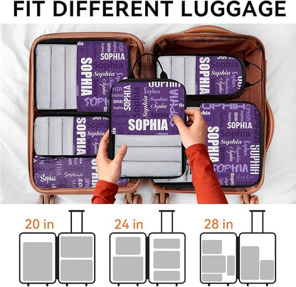 Personalized 6 Set Compression Packing Cubes for Travel Essentials with Name Customized Lightweight Carry on Expandable Luggage Organizer Bags for Women and Men, Purple