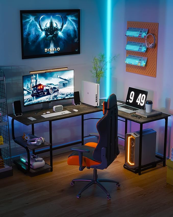 Teraves Reversible L Shaped Desk with Large Surface, 69 Inch Sturdy Corner Desk with Storage Shelves, Premium Office Computer Desk Workstation for Home Office Gaming