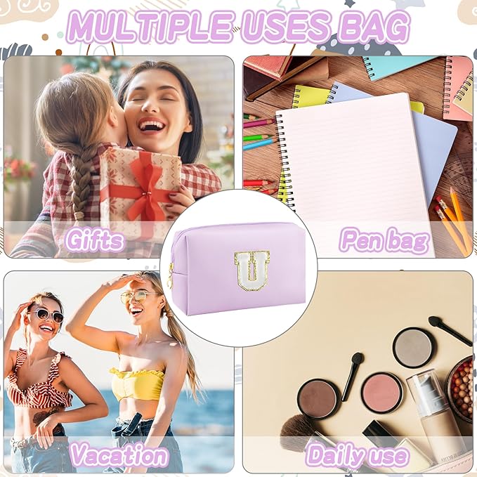 Gifts for Girls Initial Makeup Bag Personalized Cosmetic Bag with Zipper Cute Travel Toiletry Bag Waterproof PU Preppy Makeup Pouch Birthday Gift for Teen Girls Women(Purple U)