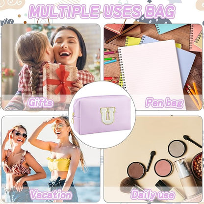 Gifts for Girls Initial Makeup Bag Personalized Cosmetic Bag with Zipper Cute Travel Toiletry Bag Waterproof PU Preppy Makeup Pouch Birthday Gift for Teen Girls Women(Purple U)