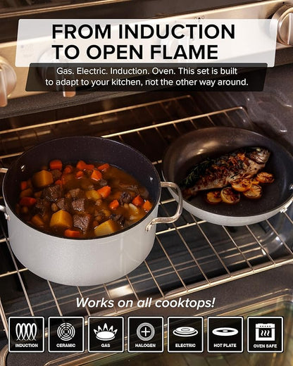 Nuwave Healthy G11-Pots and Pans Set Non Stick, 9H Near-Diamond Hardness Scratch-Resistant, Works on All Stovetops, PFAS Free, with Frying Pans, Saucepans & Glass Lids, Stay-Cool Handles, Tinsel