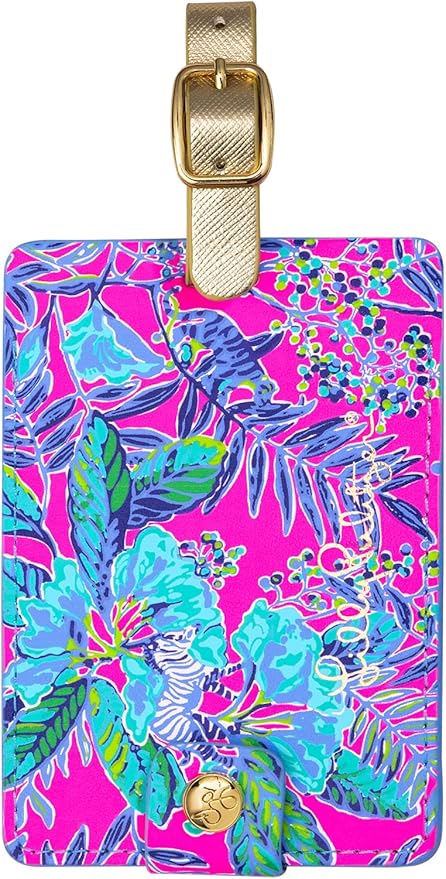 Lilly Pulitzer Leatherette Luggage Tag with Secure Strap, Colorful Suitcase Identifier for Travel