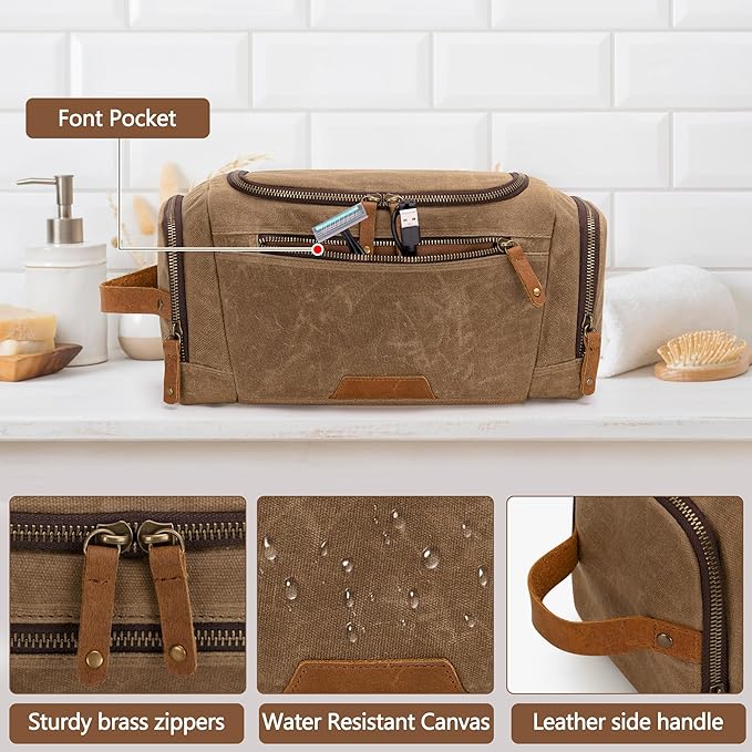 Yarwo Hanging Toiletry Travel Bag for Men, Waxed Canvas Men Dopp Kit Hygiene Bag with Detachable Zipper Pouch, Water-resistant Shaving Storage Bag for Razor and Travel Essentials, Xmas Gift for Man