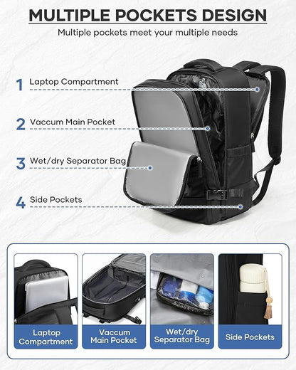 Vacuum Backpack Travel With Pump,Mochila De Viaje Compresion Al Vacio,Personal Item Travel Backpack With Vacuum System,Large Carry On Vacpack Backpacks For Women Men,Black
