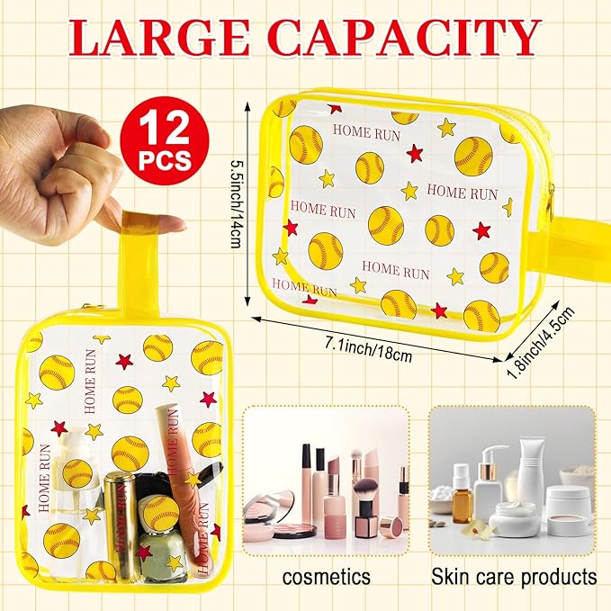 12 PCS Softball Gift Accessories Bags Softball Cosmetic Bags Goodie Snack Makeup Pouch Bag Waterproof Clear PVC Travel Bag with Zipper for Girls Team Gifts Valentine Player Sport Party Favors