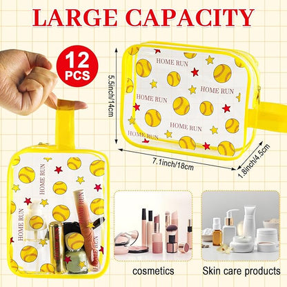 12 PCS Softball Gift Accessories Bags Softball Cosmetic Bags Goodie Snack Makeup Pouch Bag Waterproof Clear PVC Travel Bag with Zipper for Girls Team Gifts Valentine Player Sport Party Favors