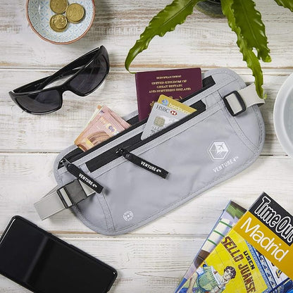 VENTURE 4TH Money Belt for Travel – Hidden Under-Clothes RFID Blocking Passport Holder & Slim Travel Wallet Pouch for Men & Women to Protect Cash, Cards & Documents (Silver)