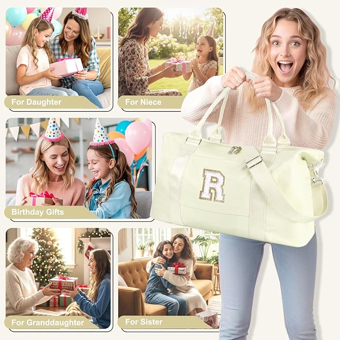 Dance Gym Duffel Bag for Teen Girls, Personalized Initial Travel Weekender Bag,Cute Overnight Carry On Duffle for Women,Sports Travel Cheer Bag,Monogram Christmas Gifts for Tween Preppy(beige-R)