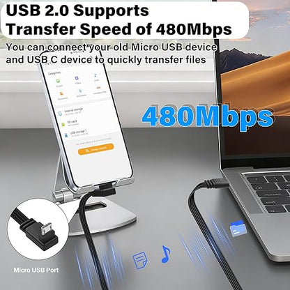 Flexible USB Type-C to Micro USB Cable,90 Degree Micro 5pin to USB C Flat Data Cable,Type C-to-Micro Short Flat Cable Supporting Charging& DataTransfer,for Phone,Camera,Laptop-30CM (Down)