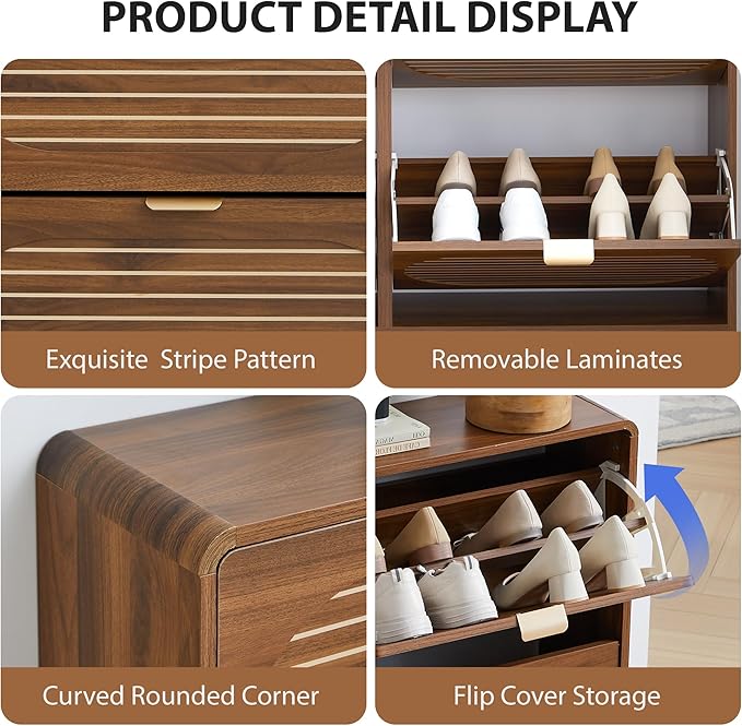47" Large Shoe Storage Cabinet with 4 Flip Drawer Arched Fluted Pattern, Farmhouse Hidden Narrow Curved Corner Shoe Organizer for Entryway,Living Room (Walnut,with Divider)