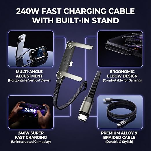 240W Braided Fast Charge Cable with Built-in Phone Stand 65W A-C Charger Cable 2-in-1 Invisible Holder Foldable Charger Cable (65w USB to Type-c)