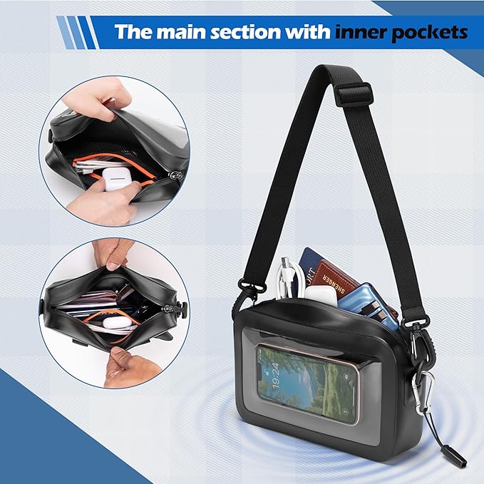 Waterproof Sling Bag with Phone Touch Screen Feature and Back Molle System, Waterproof Fanny Pack with a Carabiner and a Whistle, Black