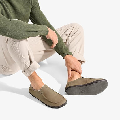 OLUKAI Moloa Slipper, Men's Premium Leather Slip-On Shoes, Soft Genuine Shearling Lining & Gel Insert, Drop-In Heel & All-Day Comfort