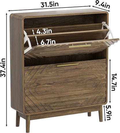 Vibe & Dine Modern Shoe Cabinet with 2 Flip Drawers, Shoe Storage Organizer for Entryway Slim, Freestanding Wood Shoe Rack Cabinet for Hallway, Bedroom, Living Room, Black Walnut