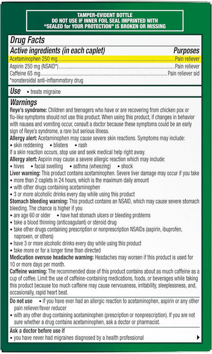 Excedrin Migraine Relief Caplets to Alleviate Migraine Symptoms - 200 Count