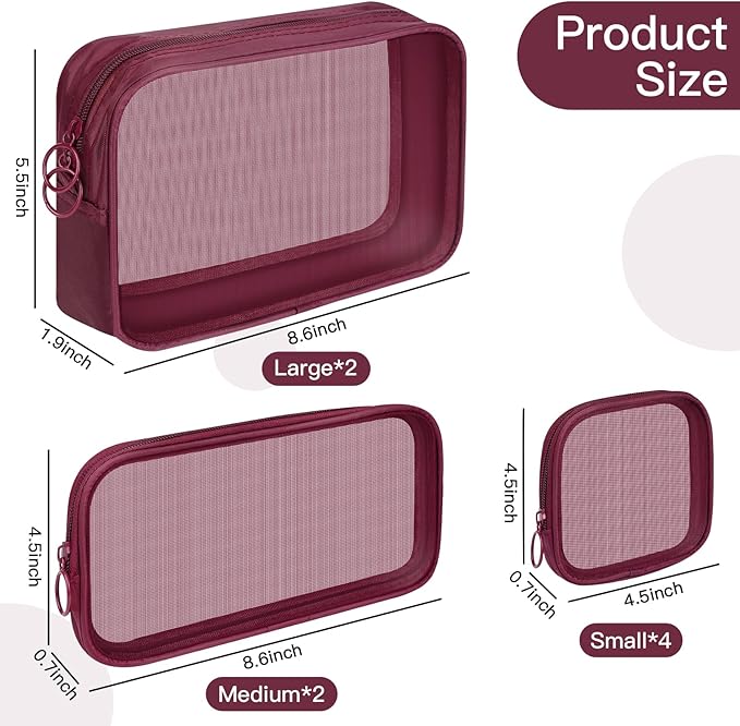 8 Pcs Mesh Makeup Bag Nylon Zipper Pouch Clear Small Mesh Bags Travel Toiletry Bag Makeup Brush Holder Purse Organizer Pouches (Wine Red, Small, Large, Medium)