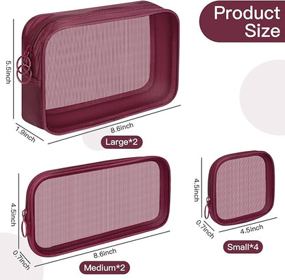 8 Pcs Mesh Makeup Bag Nylon Zipper Pouch Clear Small Mesh Bags Travel Toiletry Bag Makeup Brush Holder Purse Organizer Pouches (Wine Red, Small, Large, Medium)