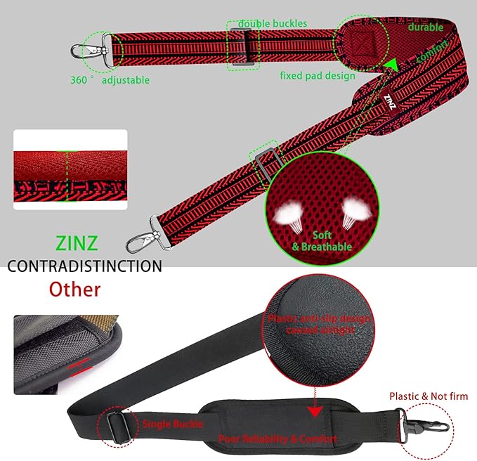 ZINZ 79 inch Shoulder Strap, Extra-thick Fixed Cushion Pad and Dual Clasps Universal Replacement Strap with Metal Swivel Hooks (200cm) (Black&Red Jacquard)