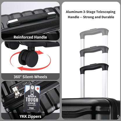 Lightweight Luggage with Spinner Wheels & YKK Zipper, Hard Shell 3-Piece Suitcase ABS+PC Hardside Luggage Set with TSA Lock for Men Travel, Black (20+24+28 inch)