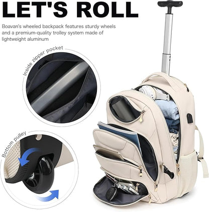 Boavan Rolling Backpack for Women, 17.3 Inch Wheeled Laptop Backpack,Large Travel Carry-On Bag for Teachers College Students, USB Charging Port Waterproof Business for Airplane Overnight Luggage，Beige