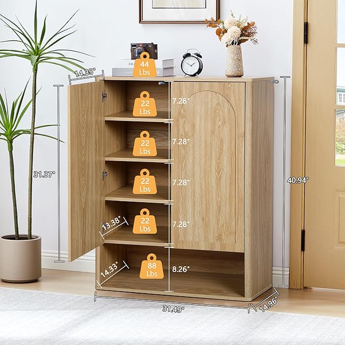 Tall and Large Shoe Storage Cabinet Set of 2 with Doors and Adjustable Shelves, 5-Tier Modern Shoe Rack Cabinet Storage for Entryway, Entrance, Hallway, Foyer/Kitchen Sideboard - Natural
