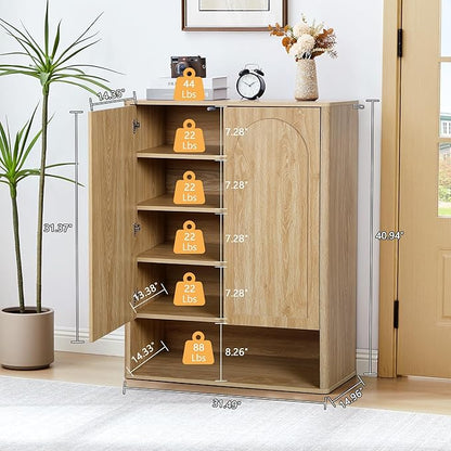 Tall and Large Shoe Storage Cabinet Set of 2 with Doors and Adjustable Shelves, 5-Tier Modern Shoe Rack Cabinet Storage for Entryway, Entrance, Hallway, Foyer/Kitchen Sideboard - Natural