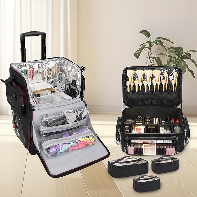 OCHEAL Rolling Makeup Train Case,with 7 Pcs Clear Makeup Bags, 18" Carry On Travel Cosmetic Organizer Suitcase,Extra Large Storage Trolley Makeup Case On Wheels for Hairstylist Cosmetology Artist