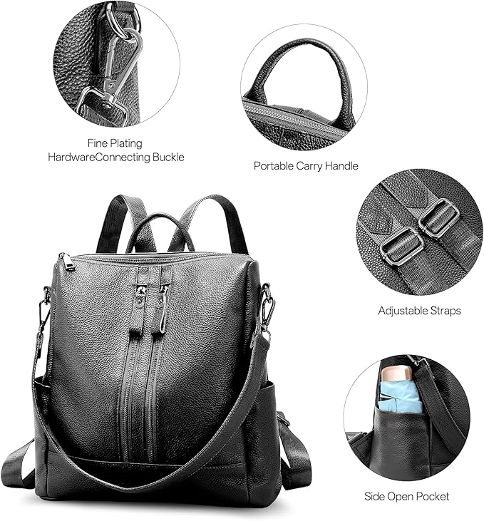 Genuine Leather Backpack Purse for Women: Fashion Ladies Convertible Backpack Designer Shoulder Handbag for Travel