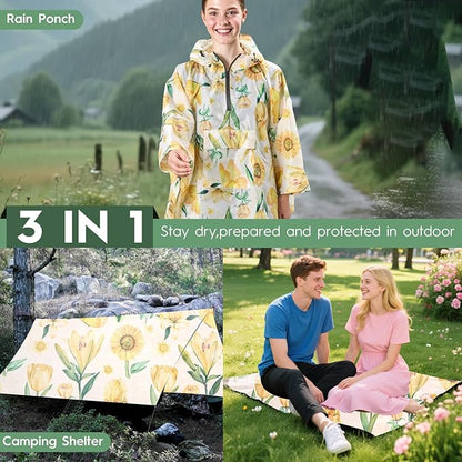 Bruvoalon 3-in-1 Rain Poncho with 1/4 Zip & Chest Pocket, Waterproof, Sunshade, Ground Mat for Adults & Youth Emergency