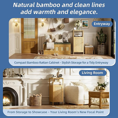 HITNET Rattan Bathroom Storage Cabinet, Small Bamboo Floor Cupboard with Door, Freestanding Narrow Side Organizer for Living Room, Kitchen, Entryway, Natural