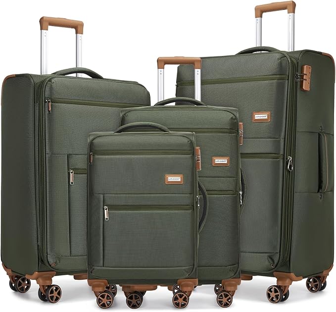 LARVENDER Luggage Sets 4 Piece, Softside Carry On Luggage Suitcase Set with 360° Spinner Wheels for Women Men(32/28/24/20) Army Green