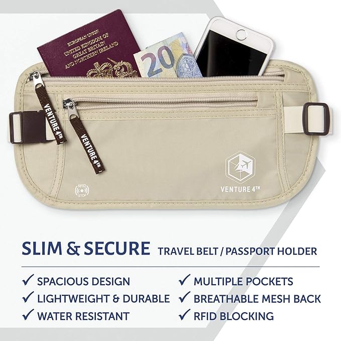 VENTURE 4TH Money Belt for Travel – Hidden Under-Clothes RFID Blocking Passport Holder & Slim Travel Wallet Pouch for Men & Women to Protect Cash, Cards & Documents (Beige)