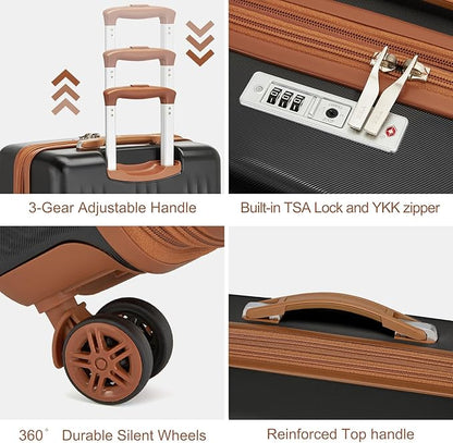 Kono Luggage Sets 3 Piece Expandable Carry On Travel Luggage 20 Inch TSA Lock Spinner Wheels Hardshell Suitcase Set(Black&Brown,3 Piece Set)