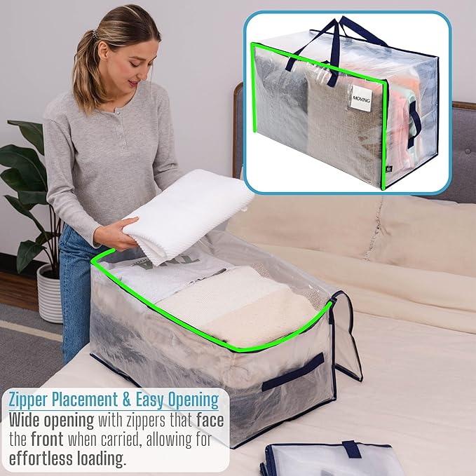 VENO 4 Pack Moving Bags and Large Christmas Decoration Storage Bins with lids. Alternative to Moving Boxes, Packing Supplies for College. Heavy Duty Totes (Clear, 4 Pack)