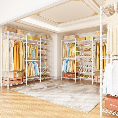 E16 Heavy Duty Clothing Rack（With 7-Tier Adjustable Shoe Rack） Freestanding Clothes Rack for Hanging Clothes，Metal Closet Storage Organizer Large Wardrobe，69'' W x 15.8'' D x 76.2'' H，White