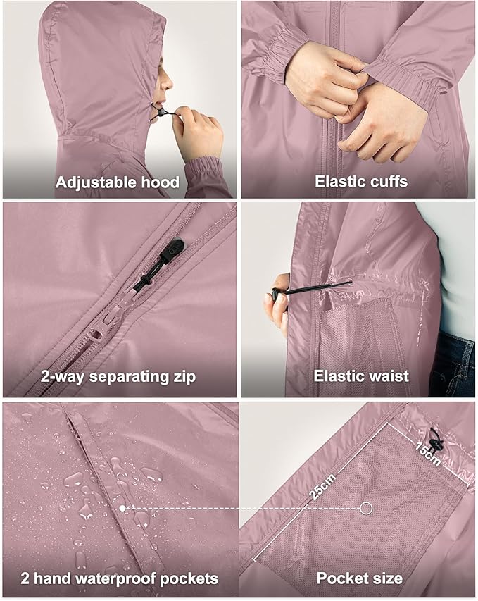 33,000ft Women's Waterproof Long Rain Coats Packable Rain Jacket with Hood Trench Coats Windbreaker