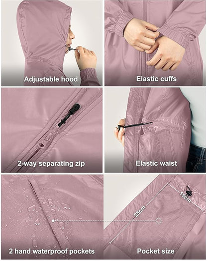 33,000ft Women's Waterproof Long Rain Coats Packable Rain Jacket with Hood Trench Coats Windbreaker