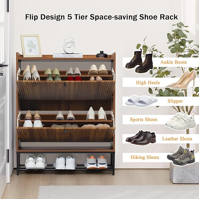 RARZOE Fluted Shoe Cabinet for Entryway with 2 Flip Drawers, Narrow Wood Shoe Cabinet with Fluted Panel, Slim Hidden Shoe Organizer Closed Shoe Rack with Metal Legs for Foyer,Hallway(31.5''Walnut)