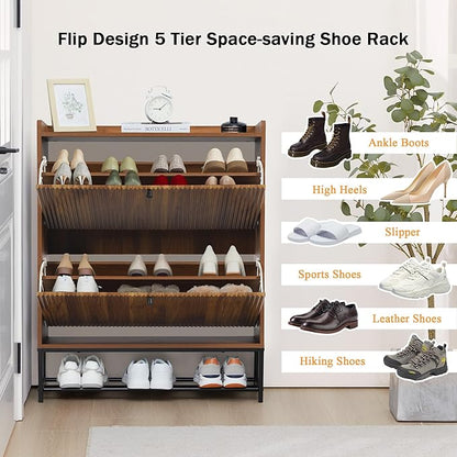 RARZOE Fluted Shoe Cabinet for Entryway with 2 Flip Drawers, Narrow Wood Shoe Cabinet with Fluted Panel, Slim Hidden Shoe Organizer Closed Shoe Rack with Metal Legs for Foyer,Hallway(31.5''Walnut)