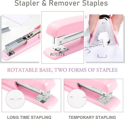 Pink Desk Accessories, Pink Office Supplies Accessories with Tape Dispenser, Stapler, Staple Remover, 1000 Staples, Tape, Clips Set, Ruler, Scissor, Pen